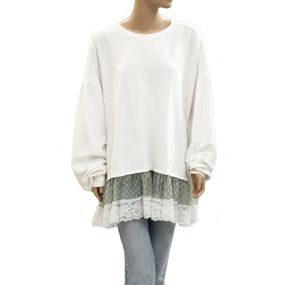 By Anthropologie Tulle-Hem Pullover Sweatshirt Top Cotton Oversized XL 284675